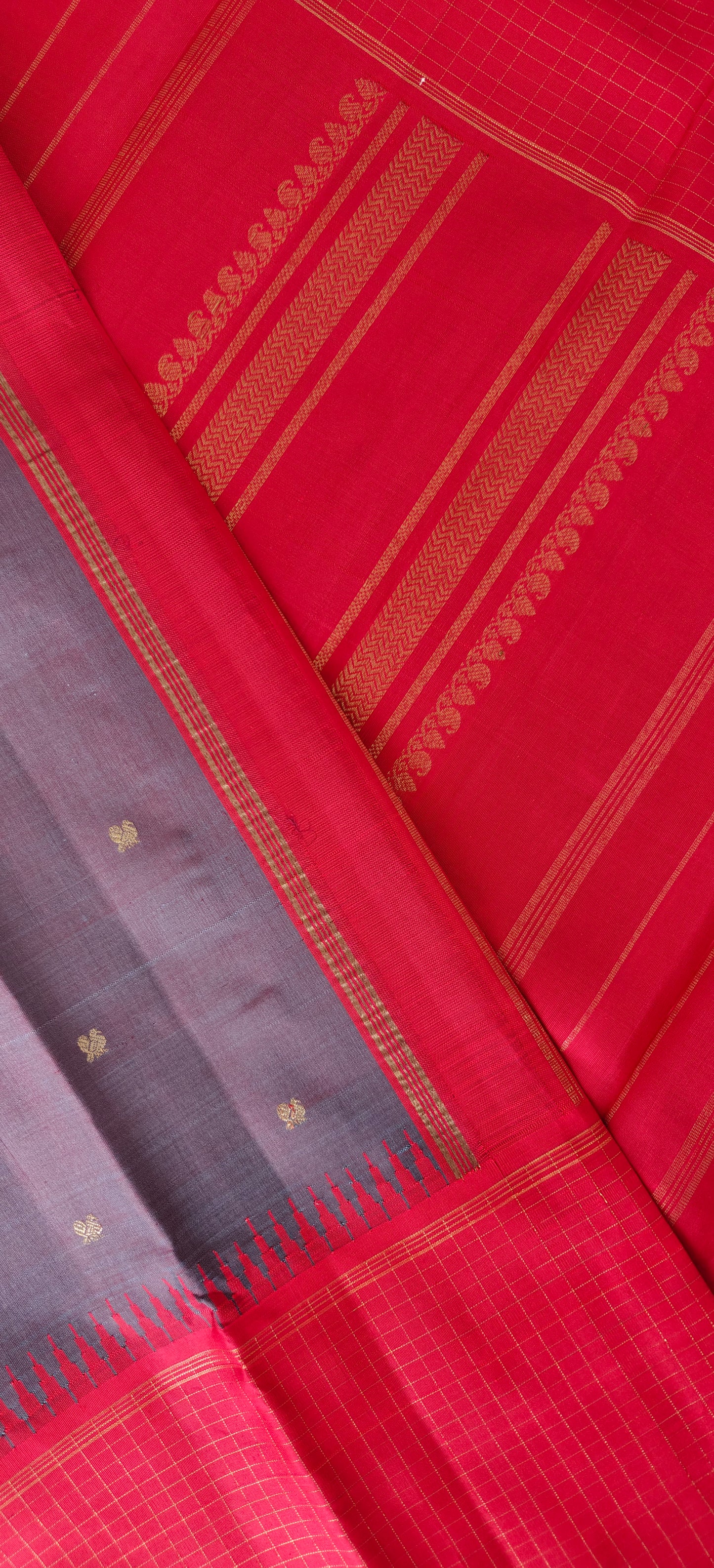 Grey with purple undertone and Red Mubbagam kanjivaram