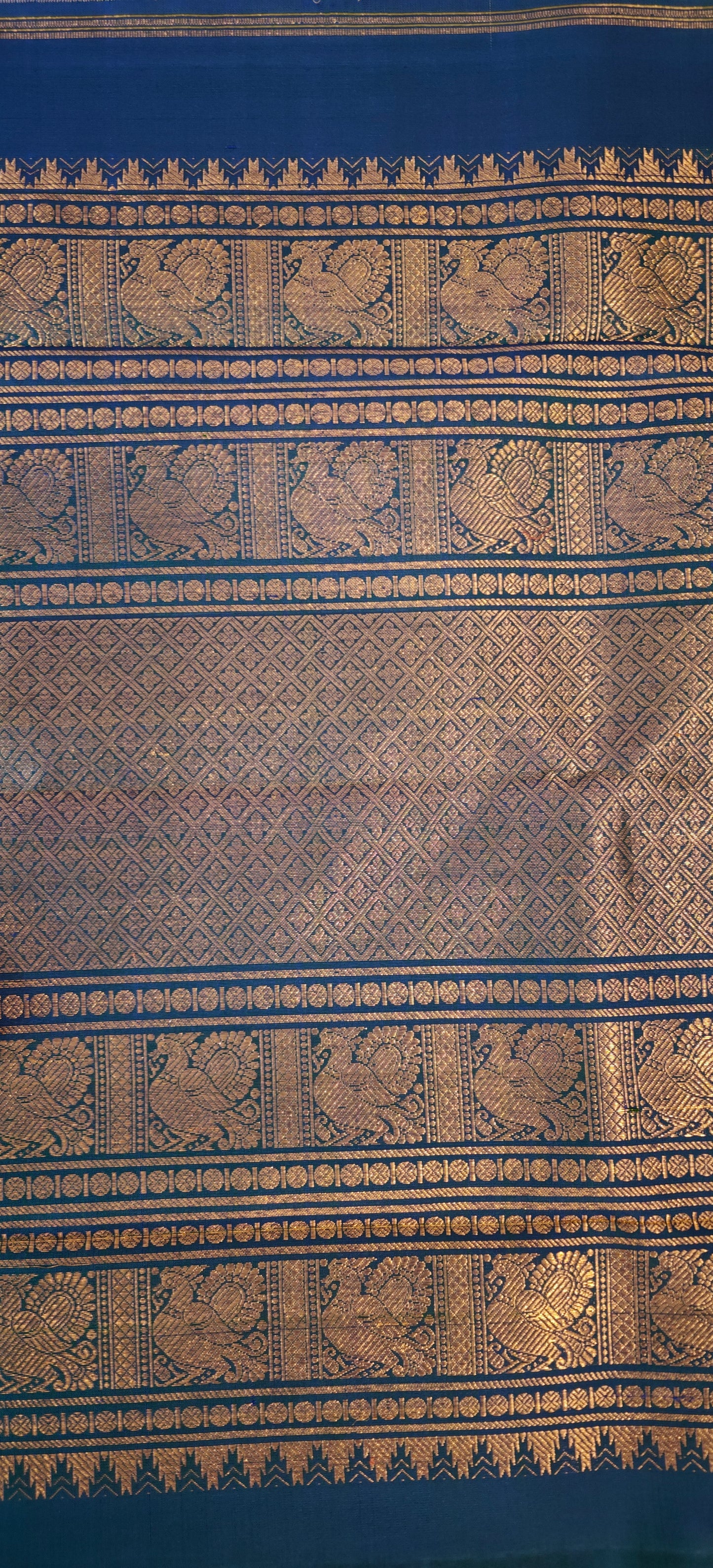 Cream and Peacock blue kanjivaram silk saree