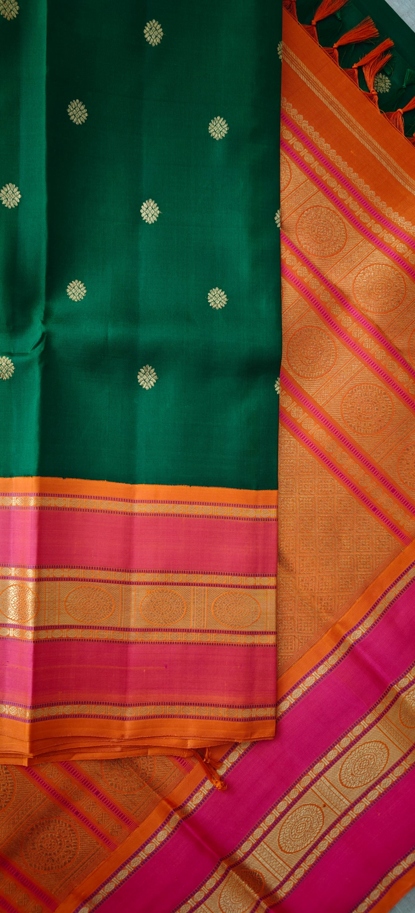 Green and Rani Pink  with Orange Kanjivaram Saree | 3-gram Zari
