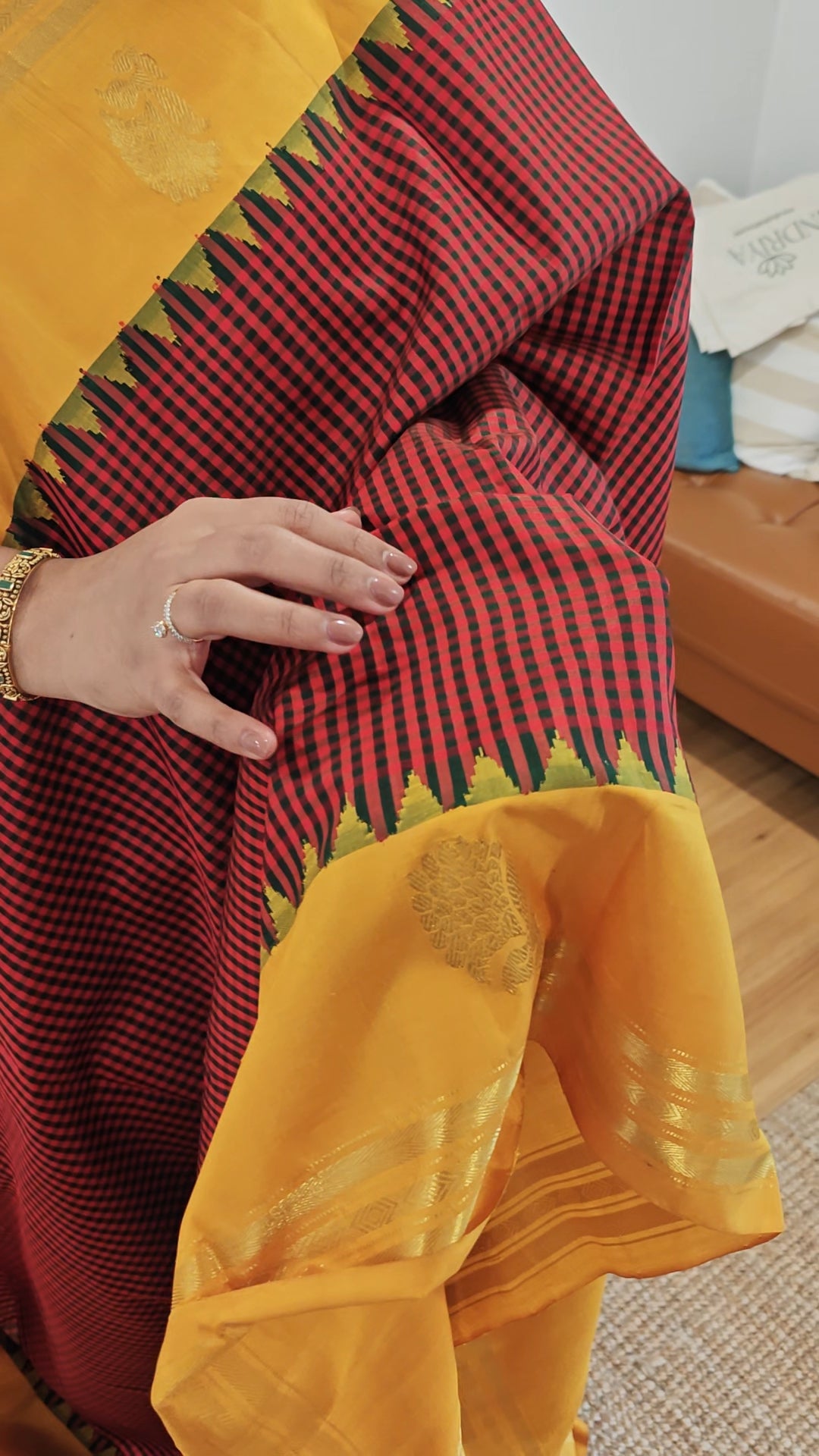Red and Green with yellow Handwoven Gadwal Silk Sari