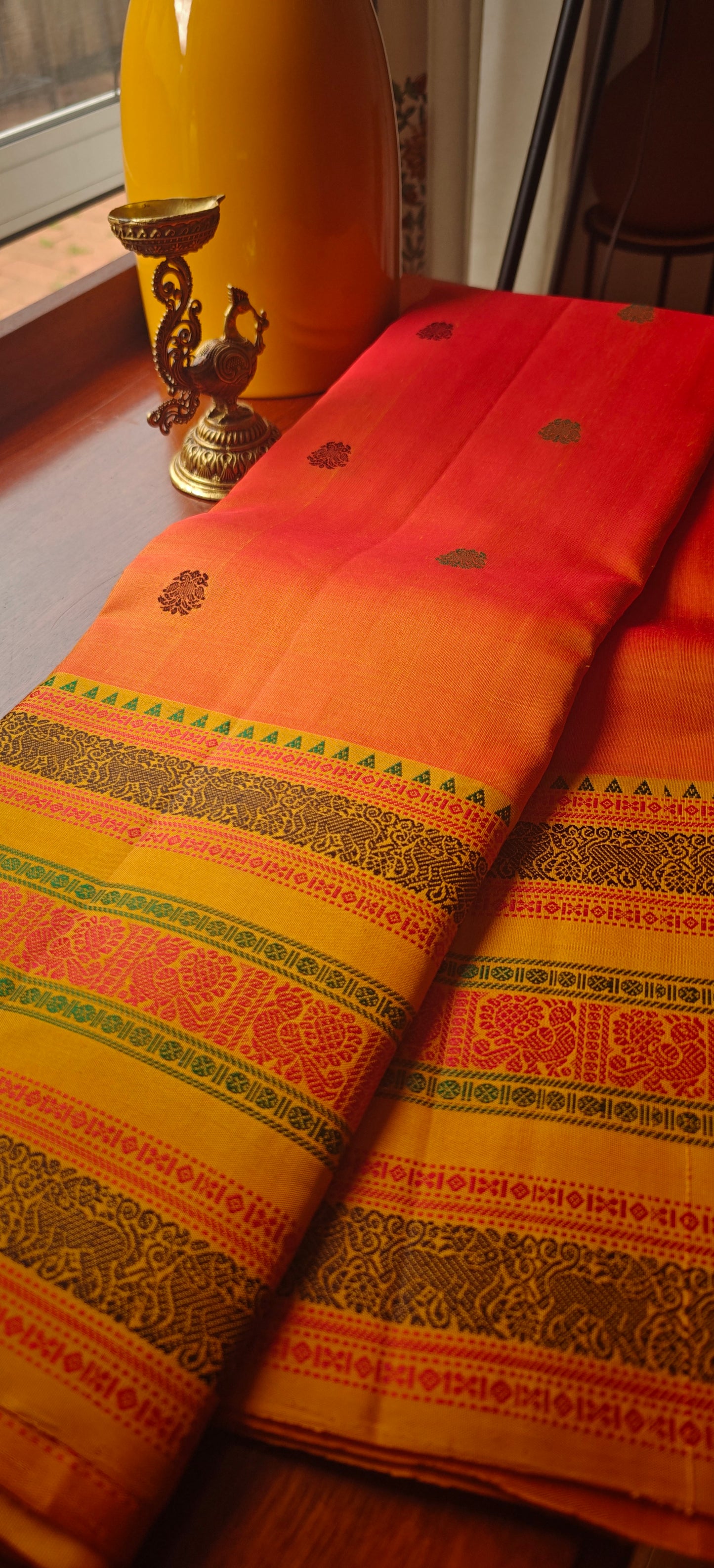 Marigold Orange and Yellow No Zari Handwoven Kanjivaram