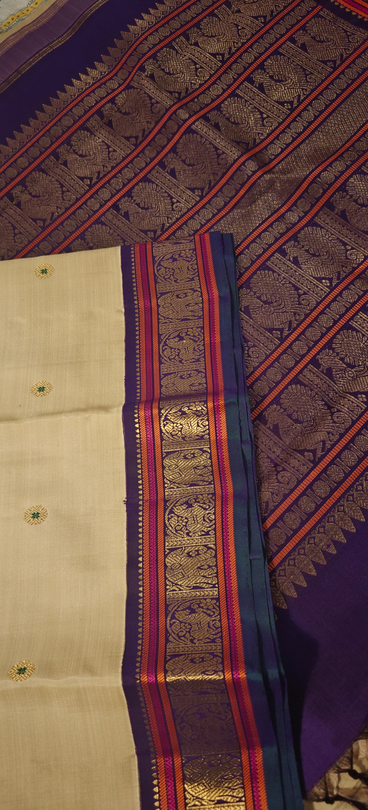 Cream and Violet kanjivaram silk saree