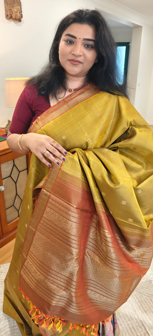 Mehandi Green and Coral Handwoven Kanjivaram Silk Sari