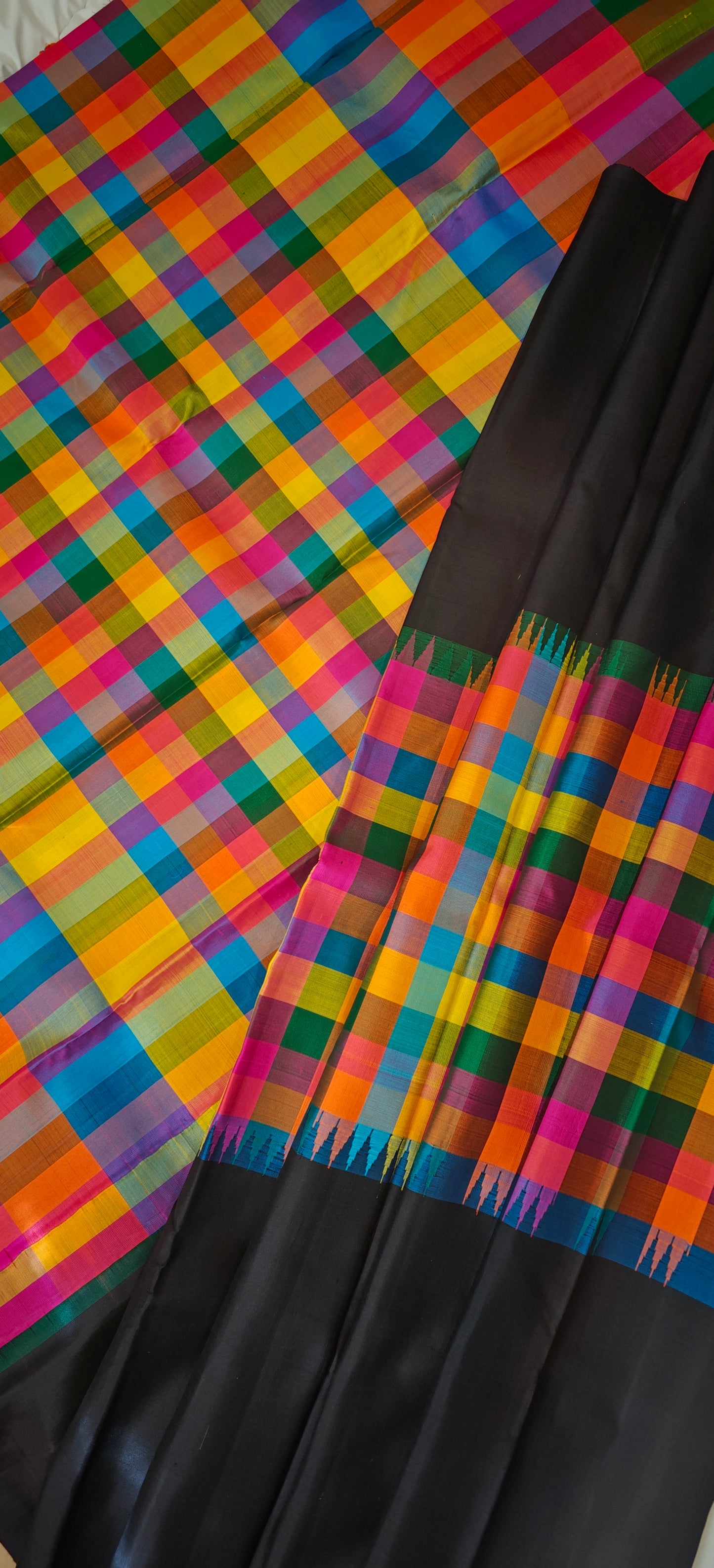 Black and multi colour checks kanjivaram silk saree