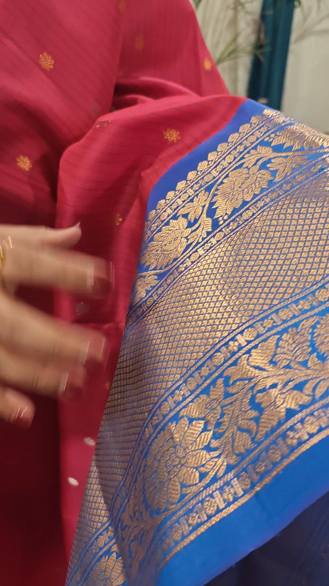 Tomato Reddish pink and Blue Gadwal Silk Sari