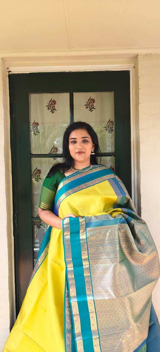 Lime Green with Peacock Blue Vairaoosi-Kanjivaram Silk Saree